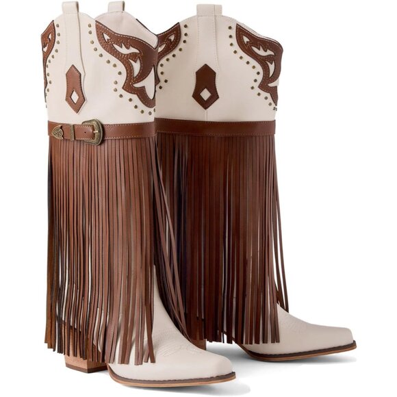 ⚡Women's Tan Fringe Embroidered Western Knee High Cowgirl Boots Chunky Heel - Picture 1 of 6